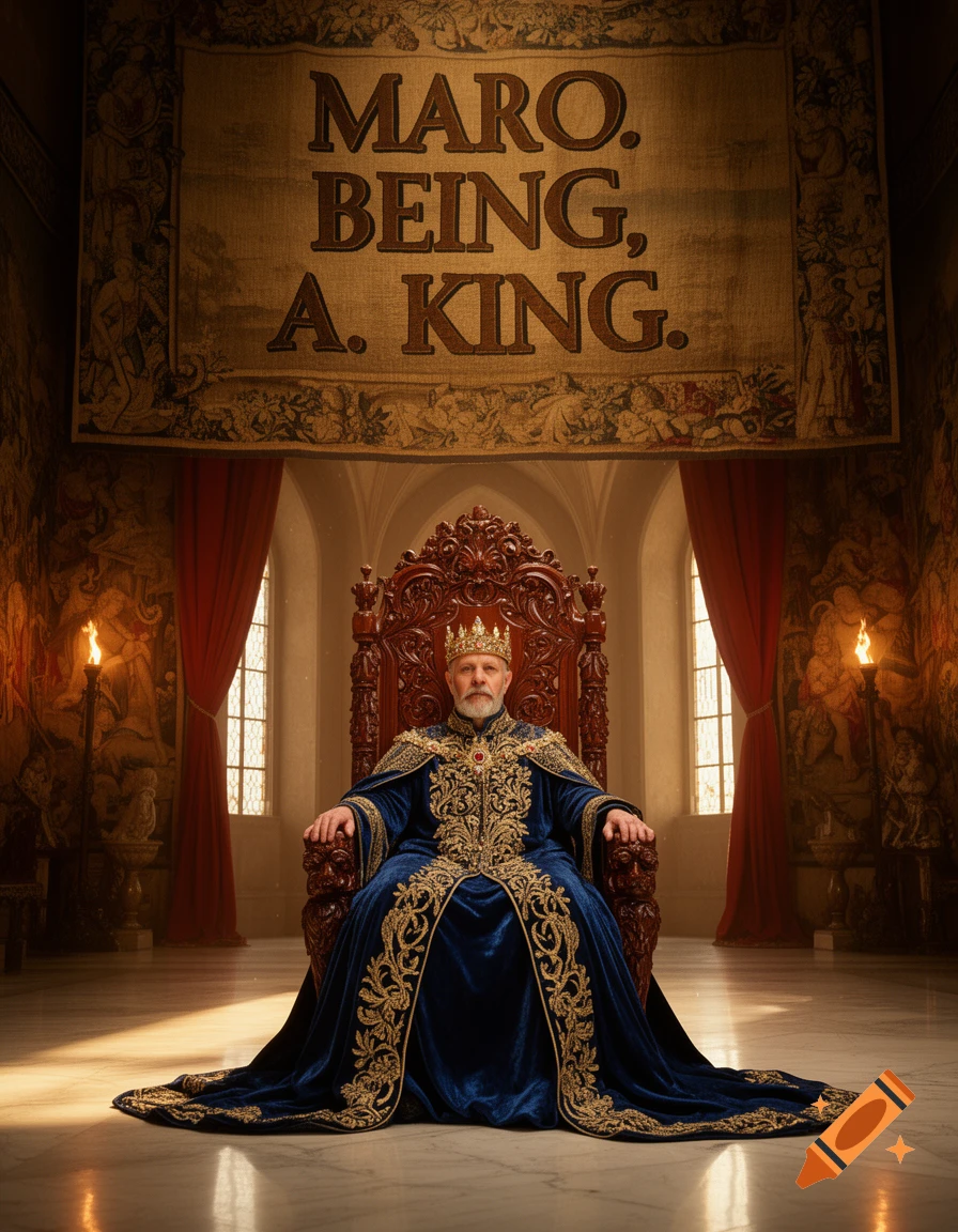 A photorealistic image of an elderly king in an ornate blue and gold robe, seated on a carved wooden throne in a grand hall, with a tapestry overhead.