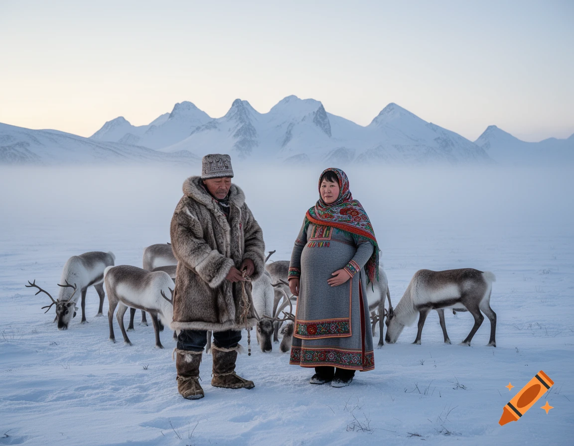 A man and a pregnant woman in traditional winter clothing stand among reindeer in a vast snowy landscape with distant mountains.