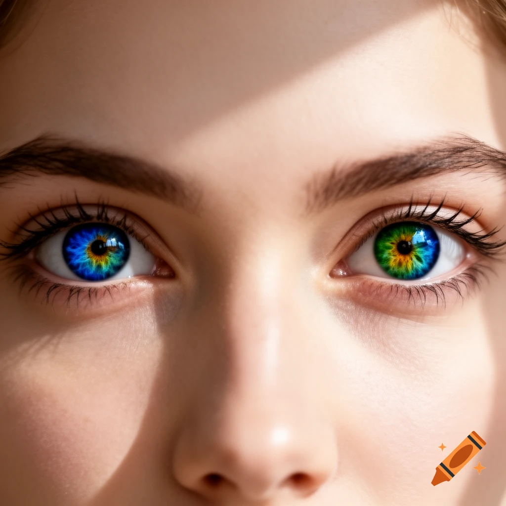 Close-up photorealistic image of a person's face focusing on vibrant, multicolored eyes with blue, green, and yellow hues.