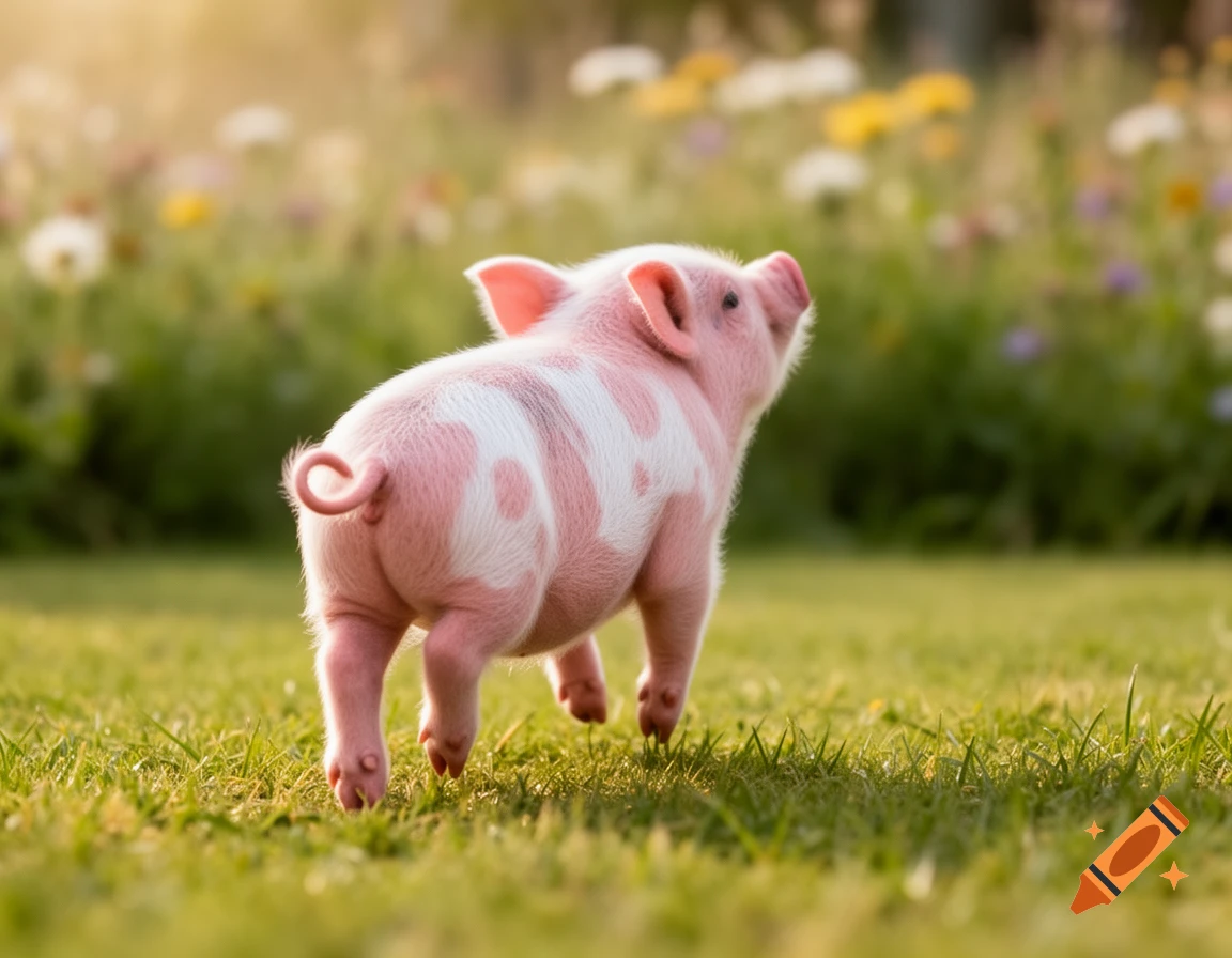 A cute pink and white spotted piglet walks away through green grass with wildflowers in a sunny field, looking up and to the right.