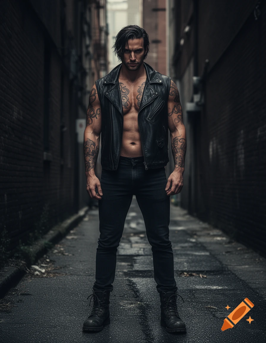 A muscular man with dark hair and tattoos stands in an open leather vest, dark jeans, and boots in a dimly lit alley.