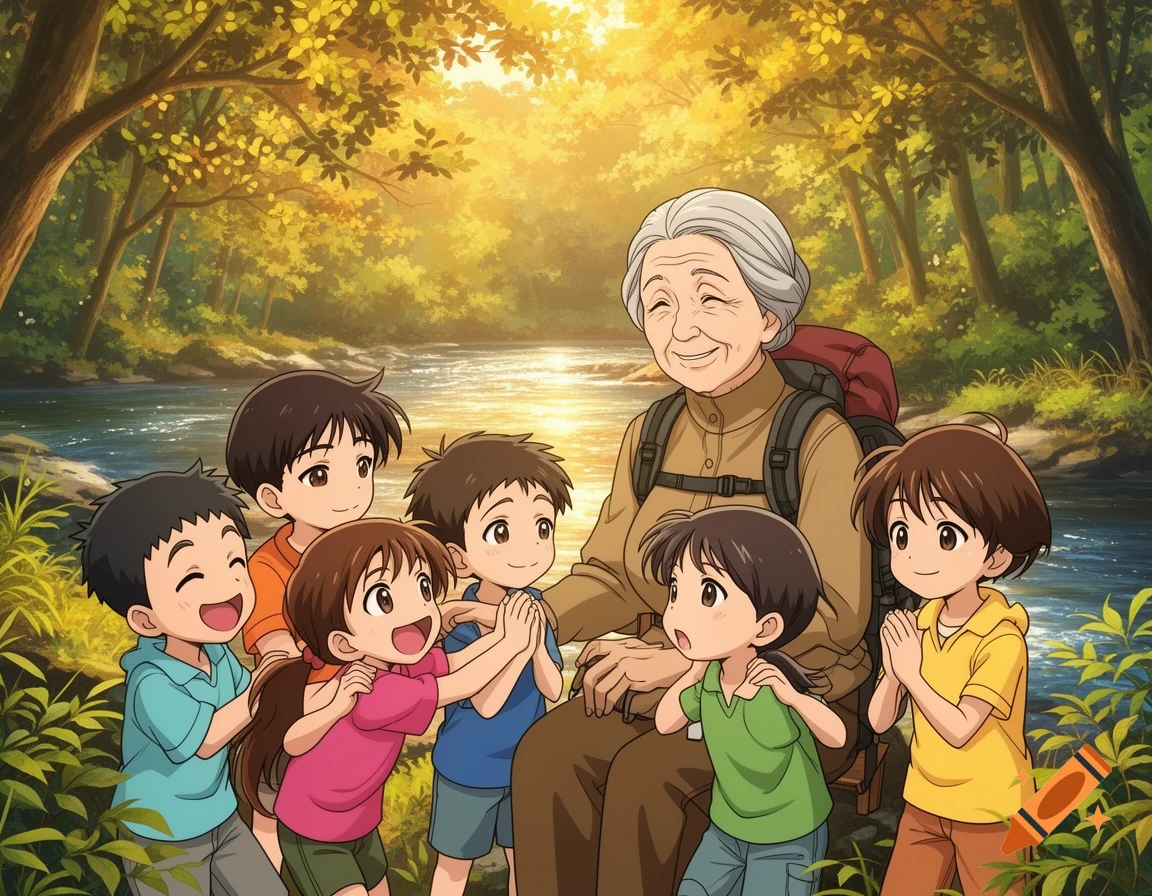 Anime illustration of a smiling grandmother and six children by a river in a sunlit autumn forest.