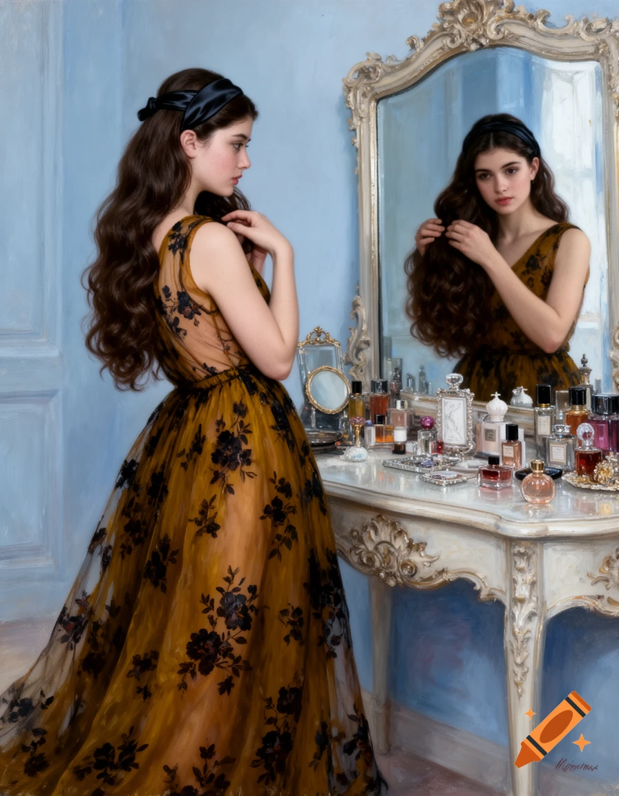 A young woman with long dark wavy hair, wearing a sheer dark-mustard floral gown, looks at her reflection in an ornate mirror at a vanity table, in an oil painting style.