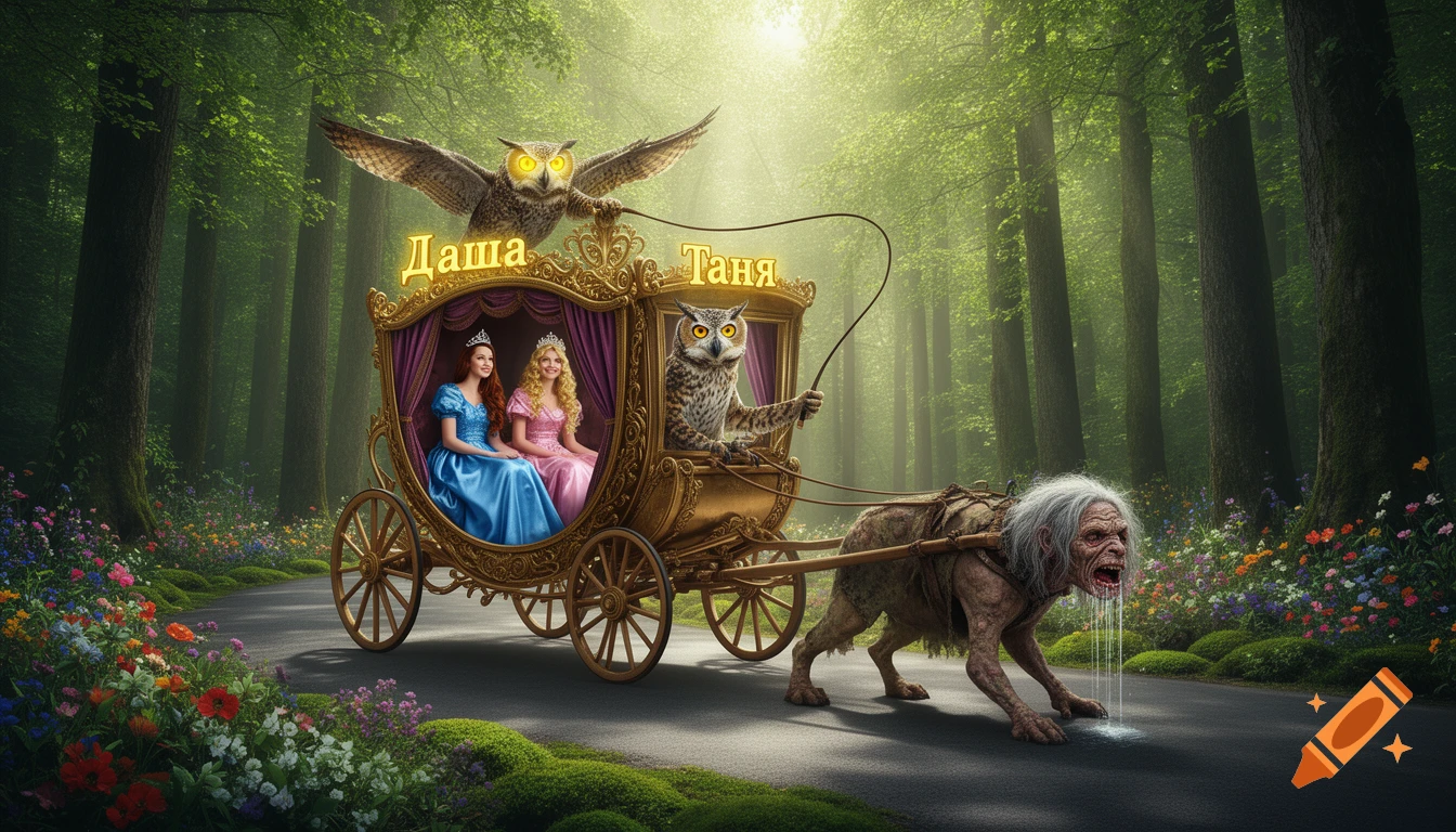 A photorealistic fantasy image shows two princesses in a golden carriage pulled by a grotesque hag, driven by an owl, through an enchanted forest.