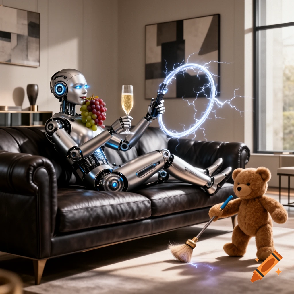 A metallic robot relaxes on a brown leather couch, eating grapes and drinking champagne while holding an electric ring. A teddy bear sweeps the floor with a broom, with a small spark near it.