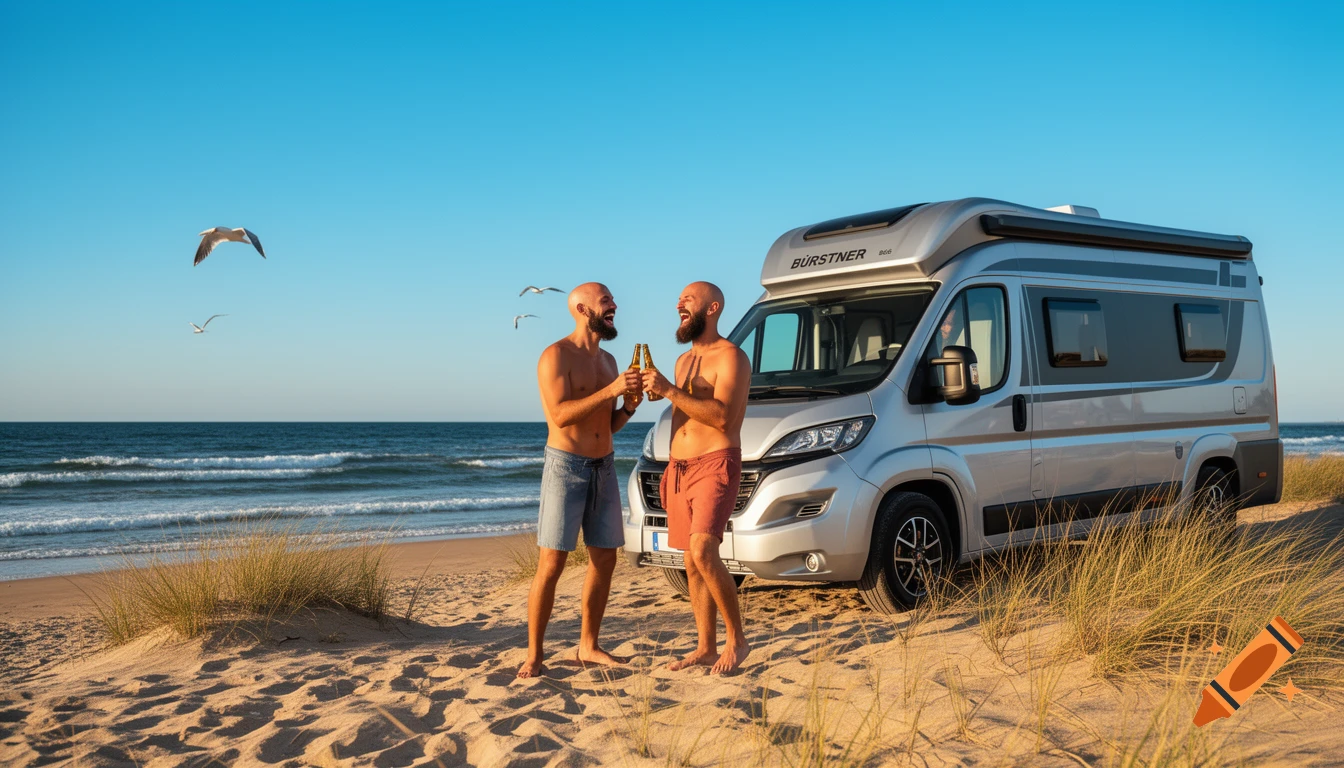 Two bald men with beards toast beers on a sandy beach next to a silver camper van, with the ocean and seagulls in the background.