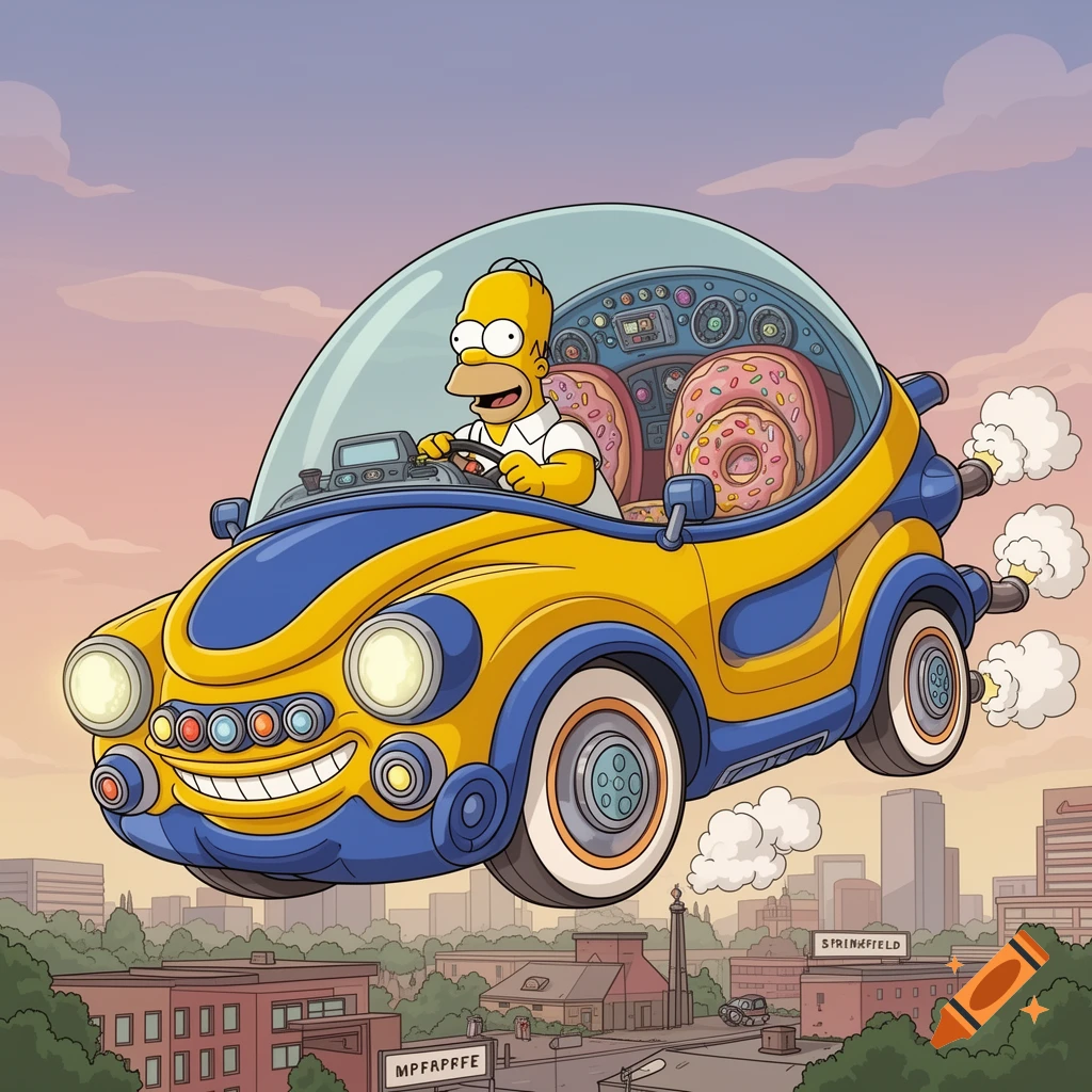 Homer Simpson smiling and driving a futuristic yellow and blue flying car with donuts in the backseat, over a city at sunset in a cartoon style.