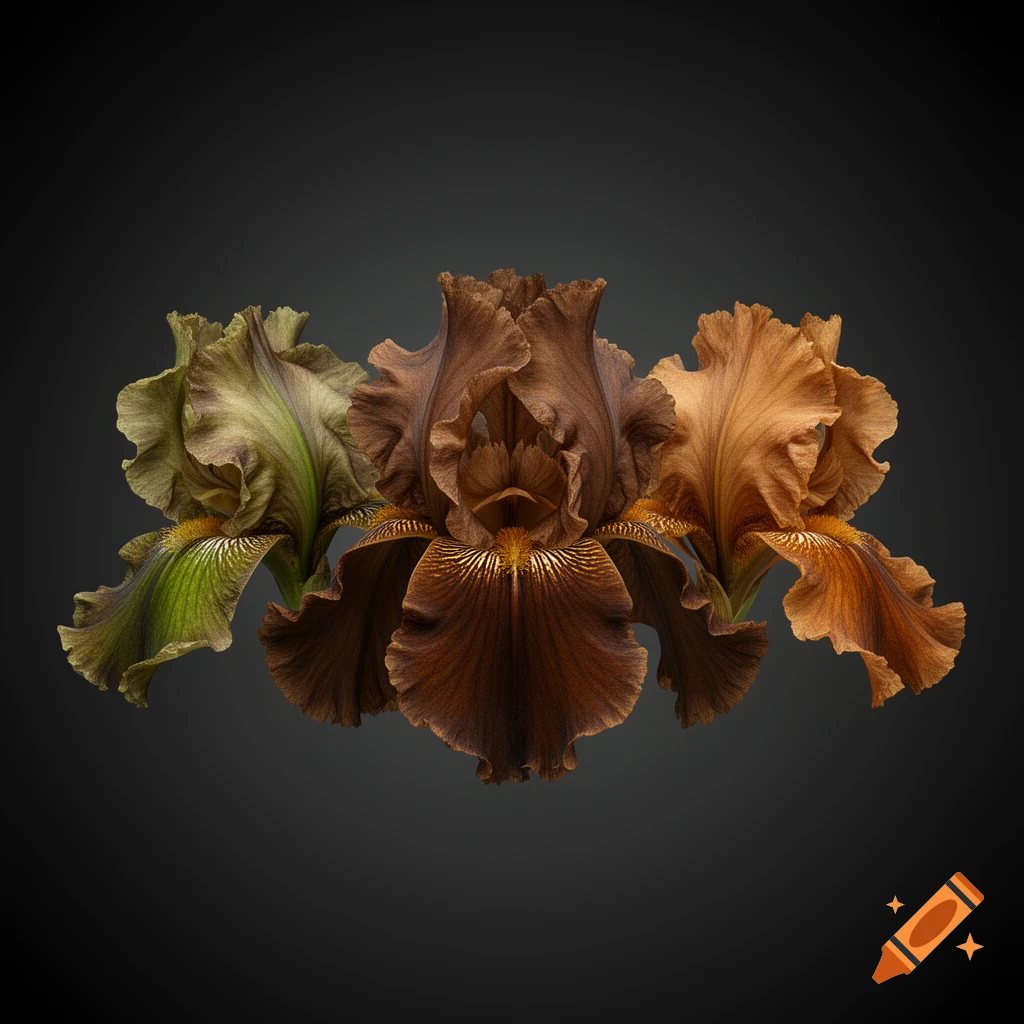 Three photorealistic iris flowers in shades of olive green, dark brown, and light brown, stand against a dark gray background.
