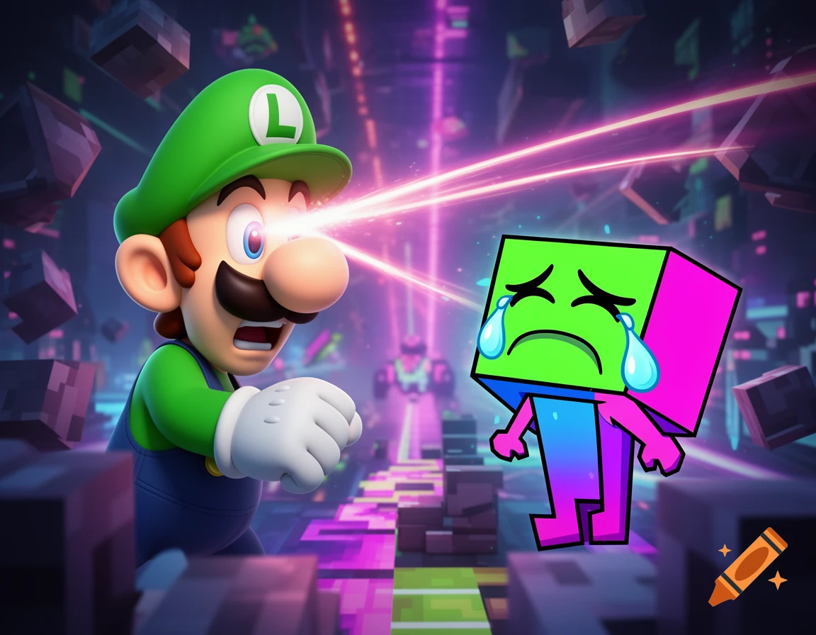 Luigi with laser eyes screams at a crying, blocky Geometry Dash character in a vibrant, neon-lit digital world with floating pixel cubes.