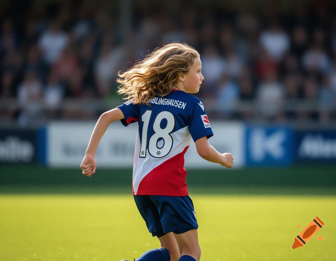 Young girl in a blue, white, and red soccer jersey with '18 Remblinghausen' on back, running on a green field. Photorealistic.