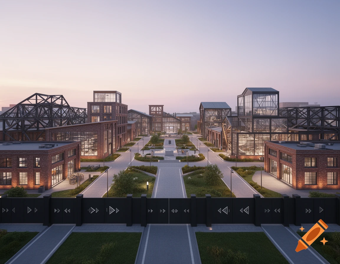 An aerial view of a modern industrial park with brick and glass buildings, green spaces, pathways, and a black fence with geometric symbols in the foreground at dusk.