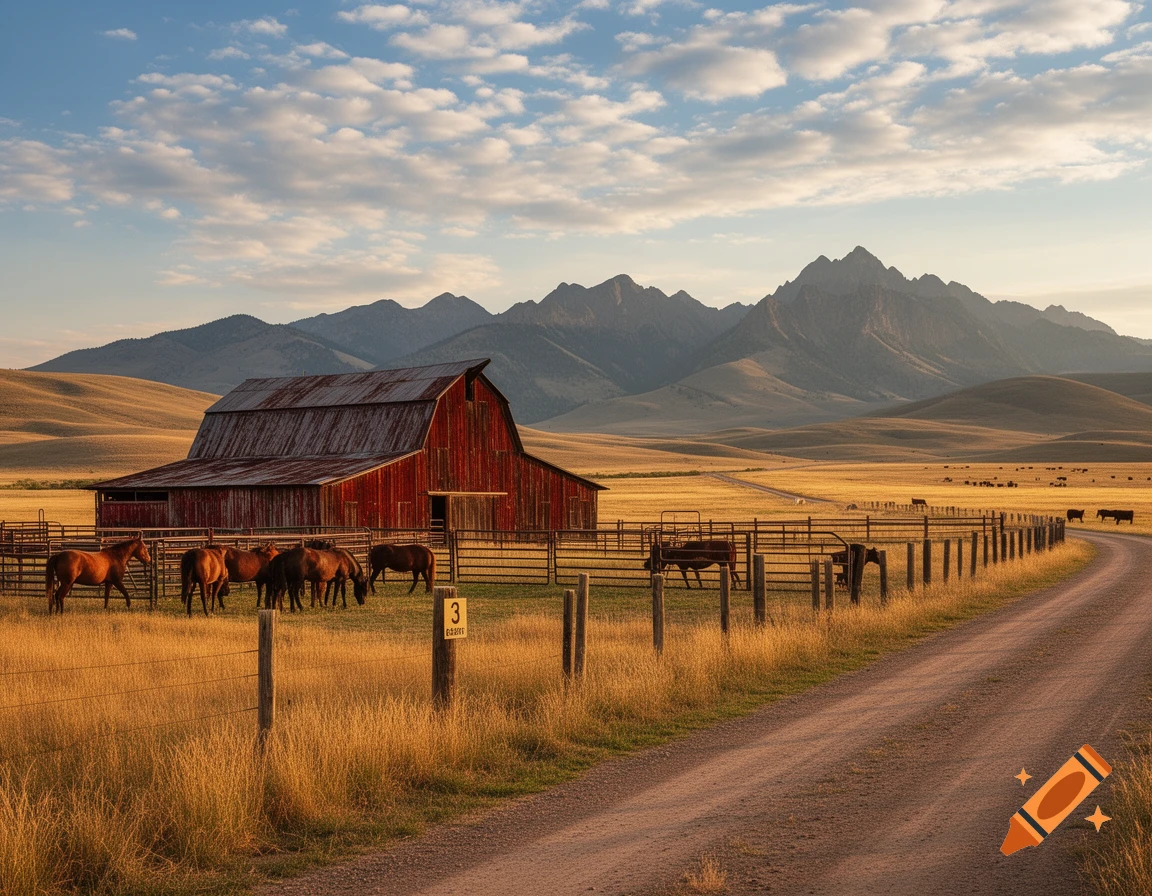 Photorealistic landscape of a red barn and horses in a fenced pasture, a dirt road, with mountains in the background at sunset.