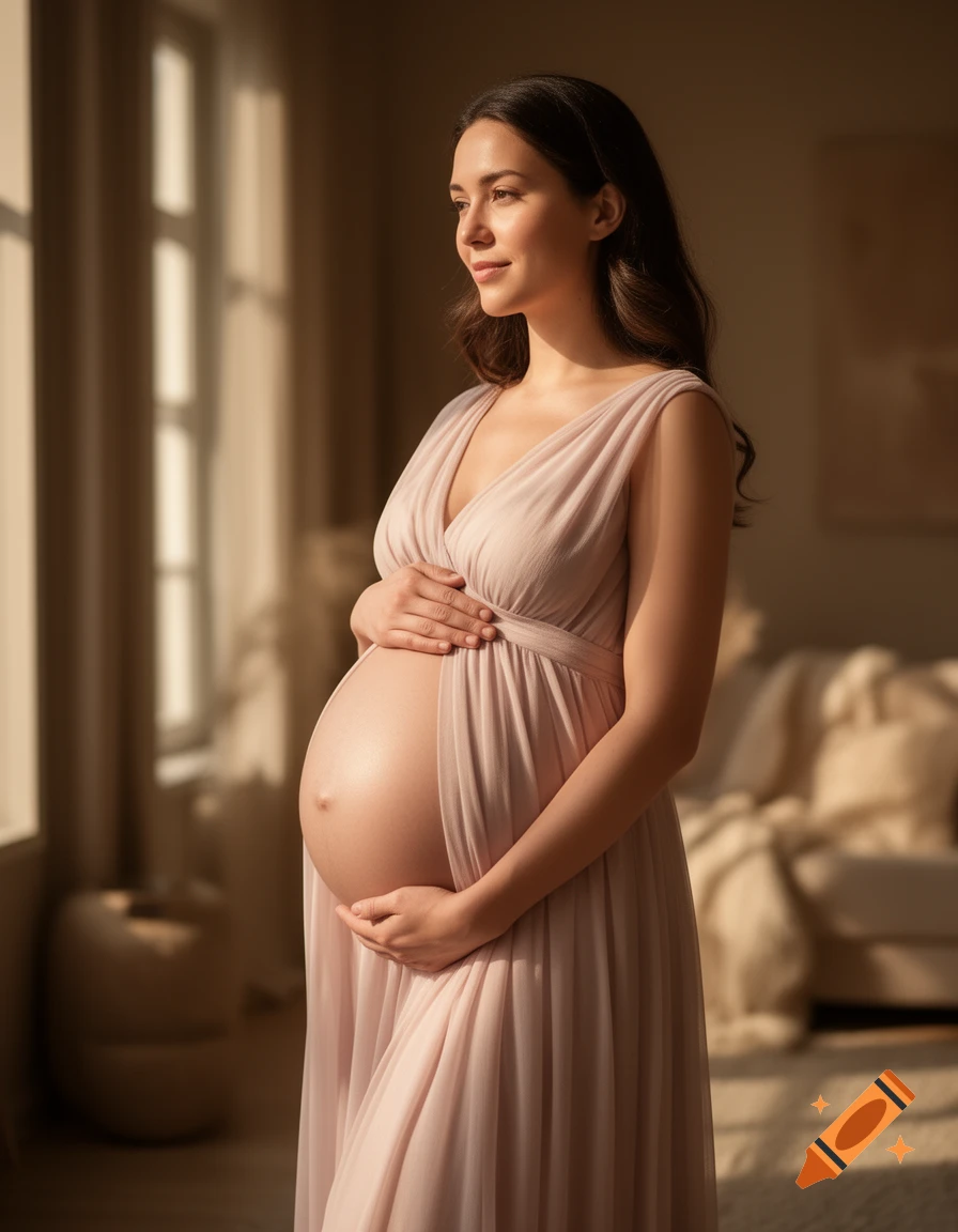 A smiling pregnant woman in a light dress holds her bare belly, bathed in sunlight from a window.
