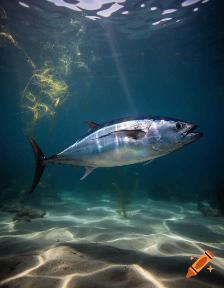 A large, silvery tuna swims gracefully underwater with sunlight streaming down to illuminate the sandy seafloor.