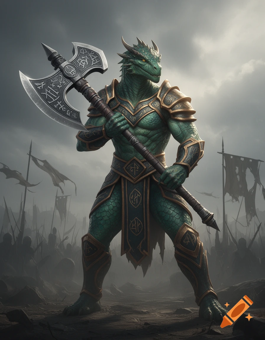 Green dragonborn warrior in golden armor holds a large battle axe, standing on a misty battleground with banners and distant figures.