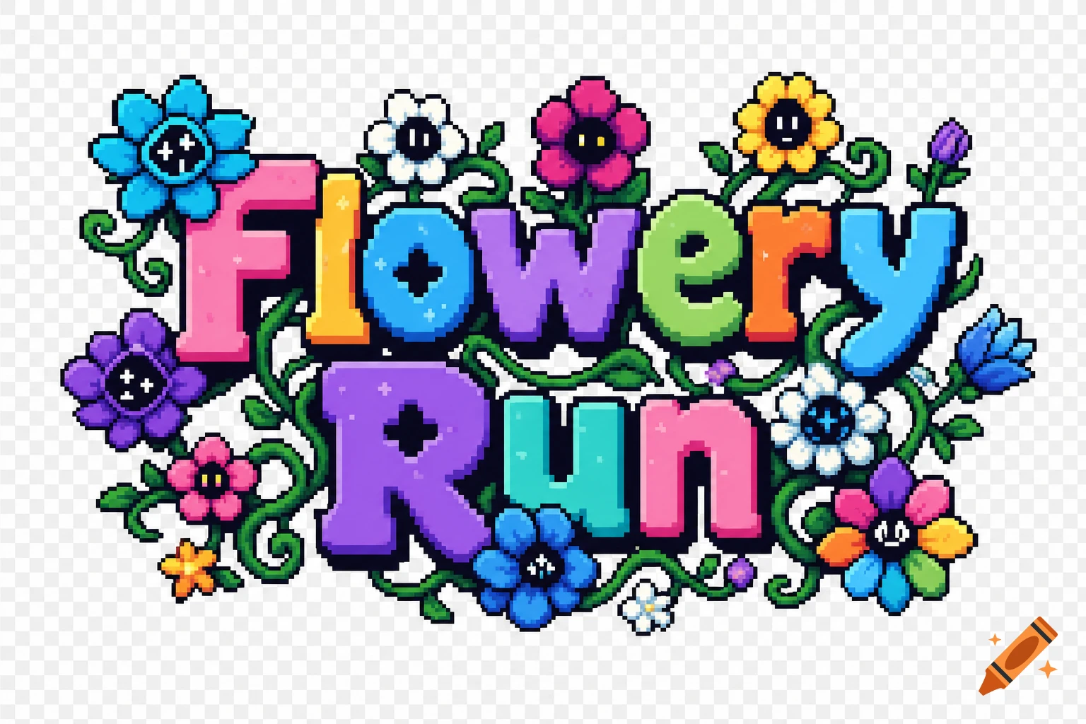 Pixel art logo 'Flowery Run' with colorful letters, decorated with flowers and vines.