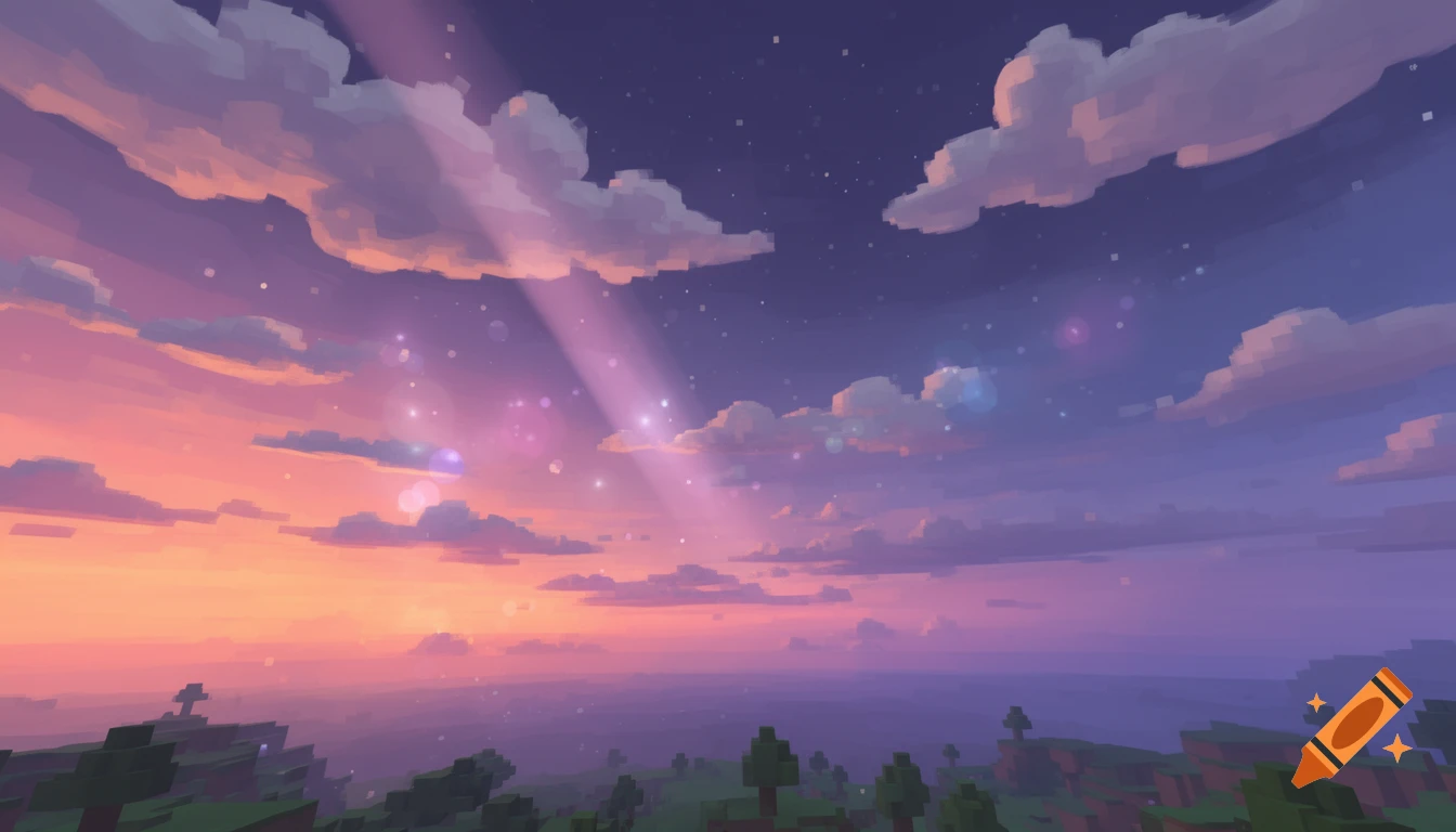 A pixelated landscape with a vibrant pink and purple sunset sky, fluffy clouds, and sunrays shining down.