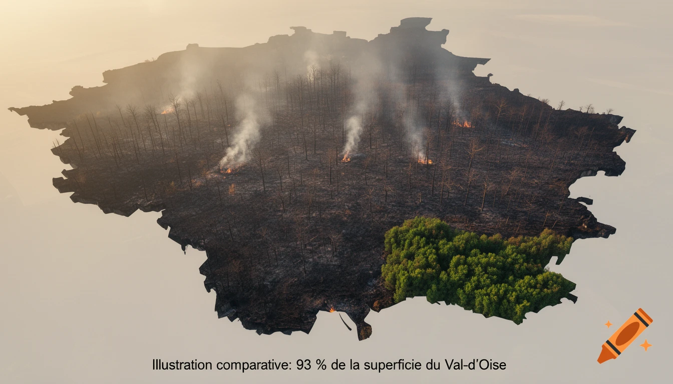 Photorealistic aerial view of a region, 93% ravaged by wildfire with smoke and burnt trees, contrasting with a 7% green, untouched section.