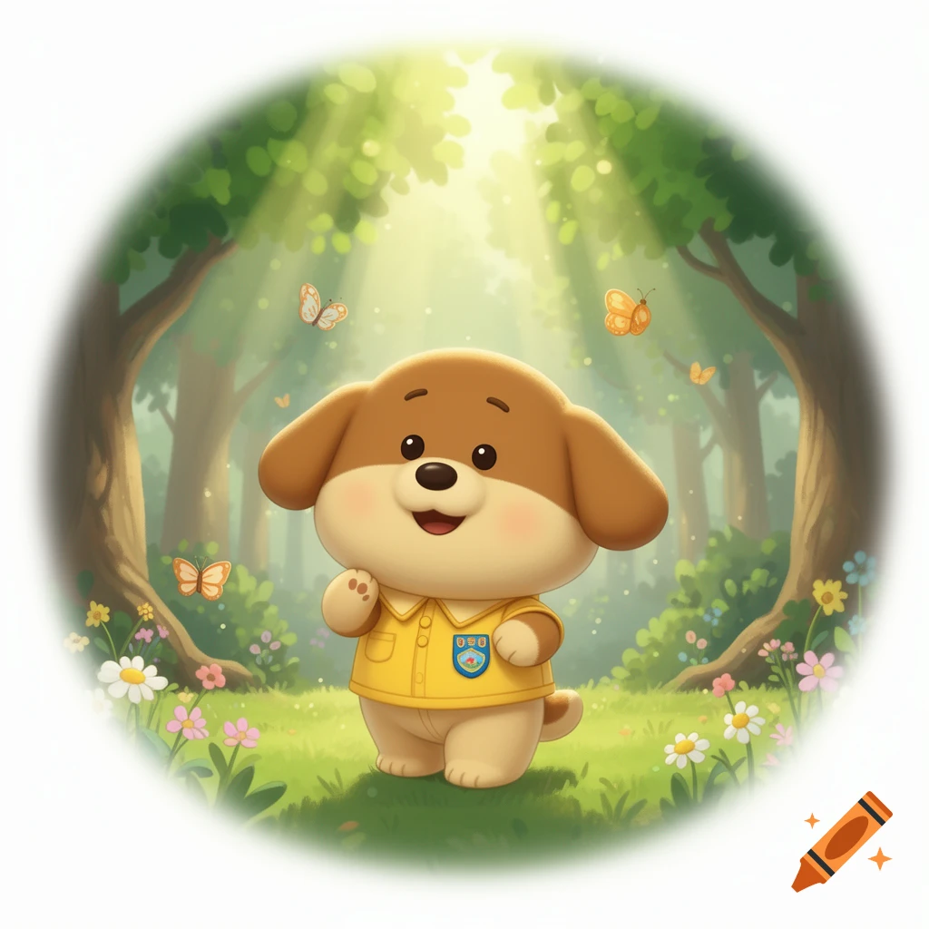 A cute, chubby cartoon puppy in a yellow shirt with a badge, stands in a sunny forest with butterflies.