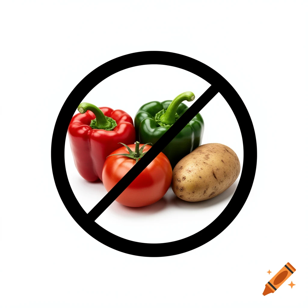 Red and green bell peppers, a tomato, and a potato inside a black 'no' symbol on a white background.