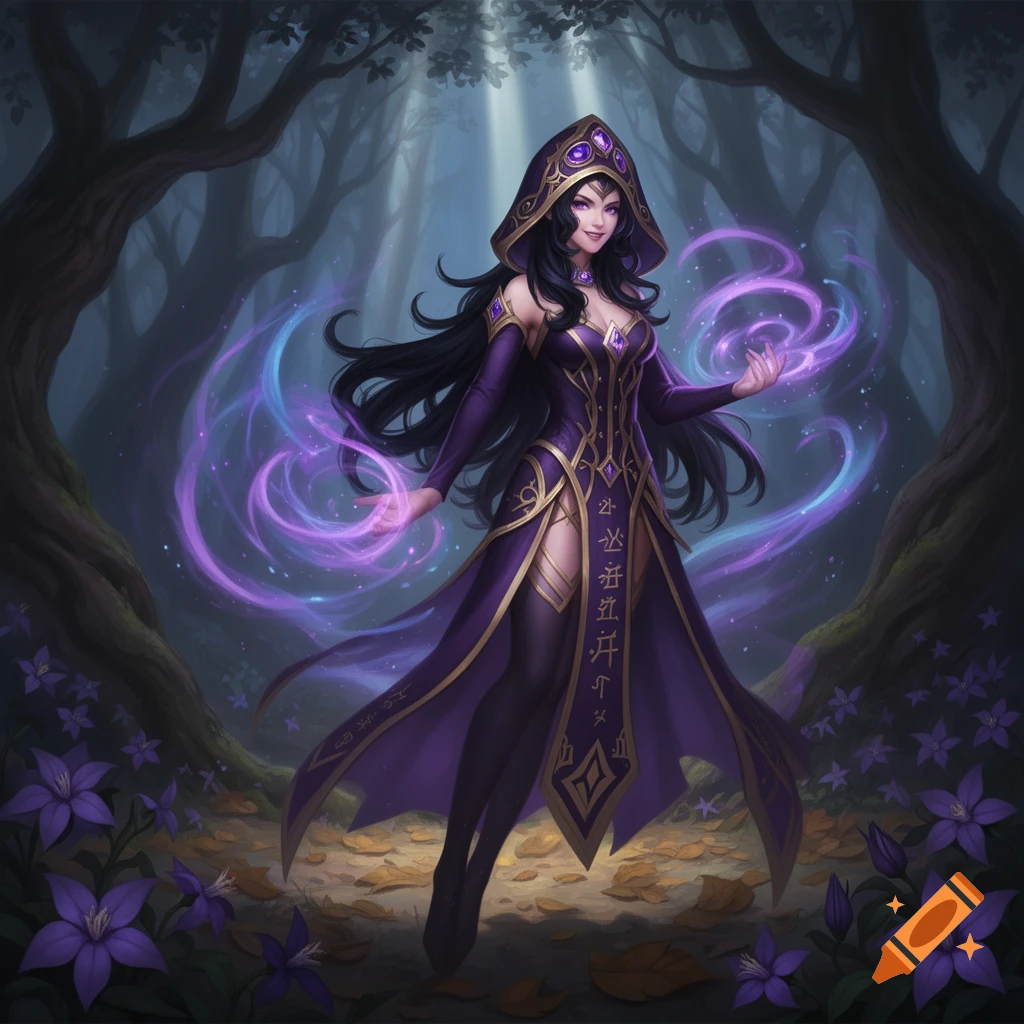 A dark-haired sorceress in a purple and gold hooded gown stands in a magical forest, conjuring purple energy from her hands.