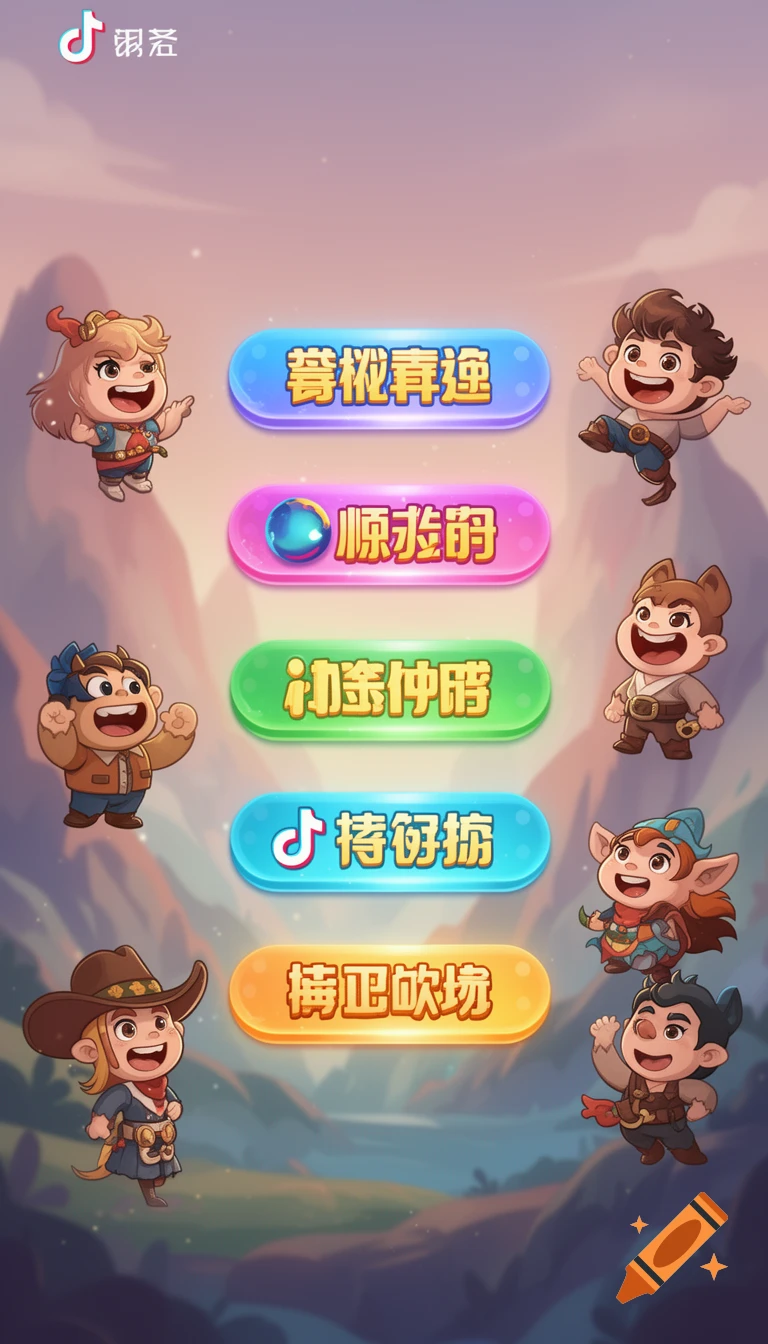 A colorful game main menu UI in a cartoon style, featuring six chibi-style characters with various costumes, surrounding five glowing buttons with Chinese text and game icons, set against a background of mountains and a twilight sky. A TikTok logo is at the top left.
