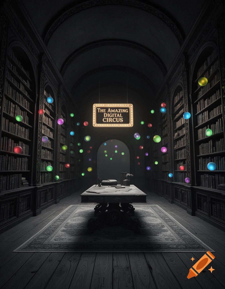A dark, atmospheric library with tall bookshelves, a central table, and colorful glowing orbs floating around a sign that reads 'The Amazing Digital Circus'.