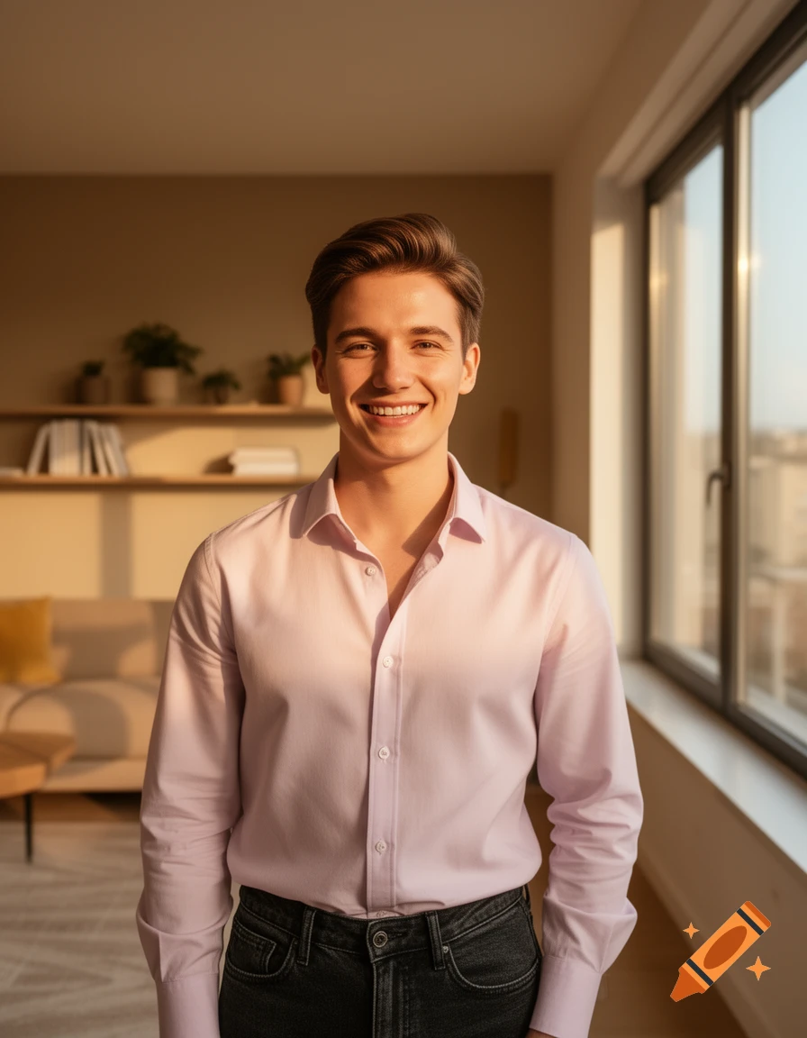 A smiling young man in a light pink shirt and dark jeans stands in a sunlit modern apartment.