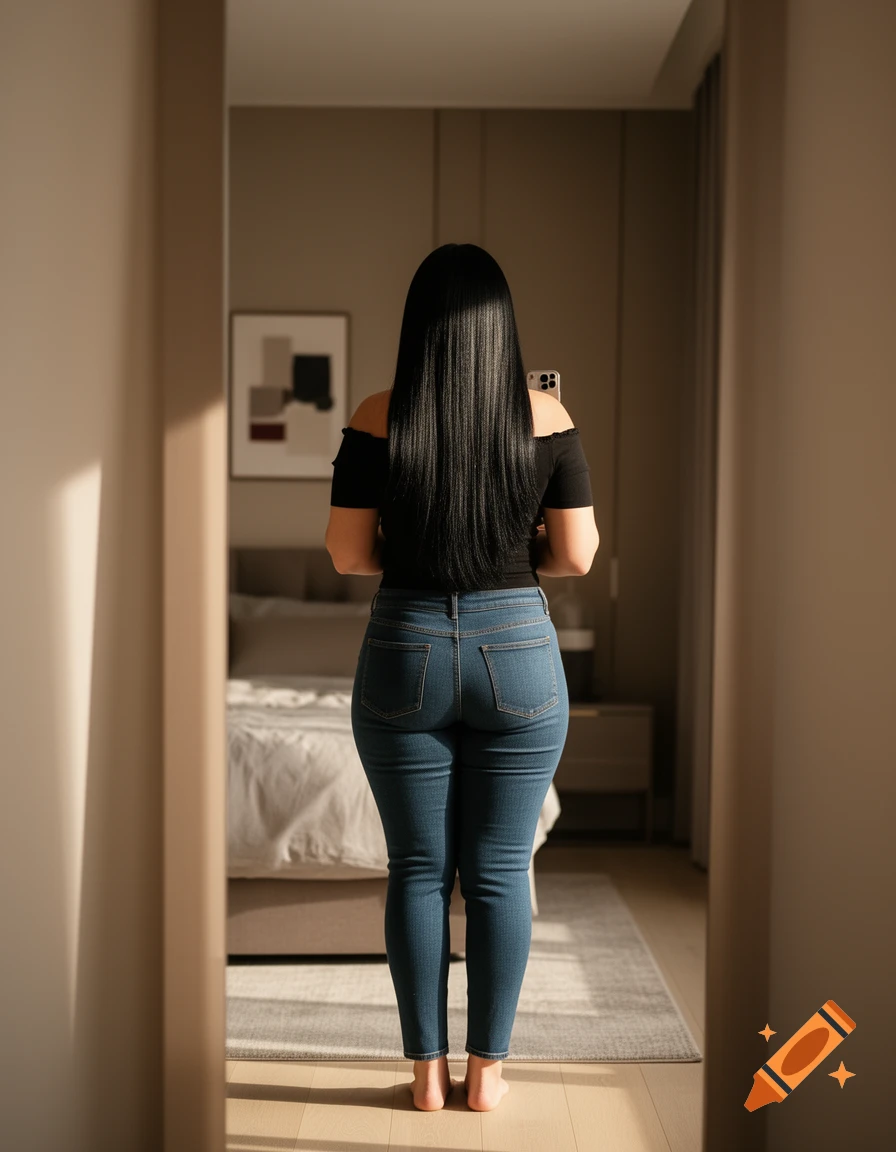 Photorealistic image of a woman with long black hair, wearing a black off-shoulder top and blue jeans, reflected in a bedroom mirror.