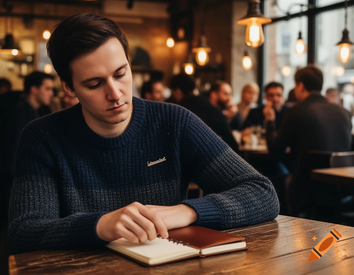 A young man in a dark blue sweater looks down at an open notebook on a wooden table in a dimly lit cafe.