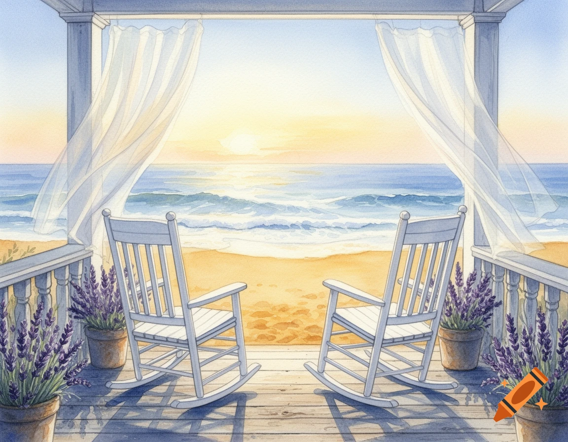 Watercolor painting of two white rocking chairs on a coastal porch overlooking a sandy beach and ocean at sunrise.