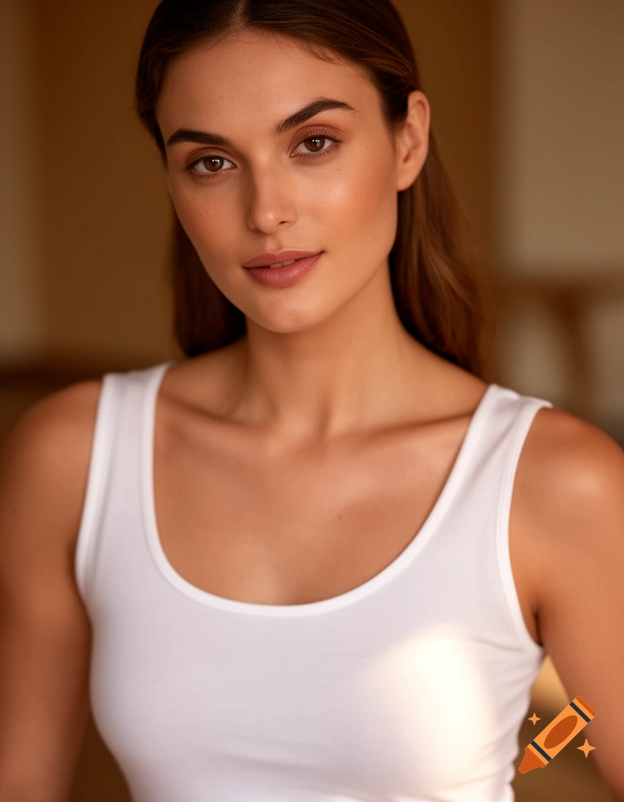 A photorealistic portrait of a woman with long brown hair wearing a white tank top, looking directly at the viewer.