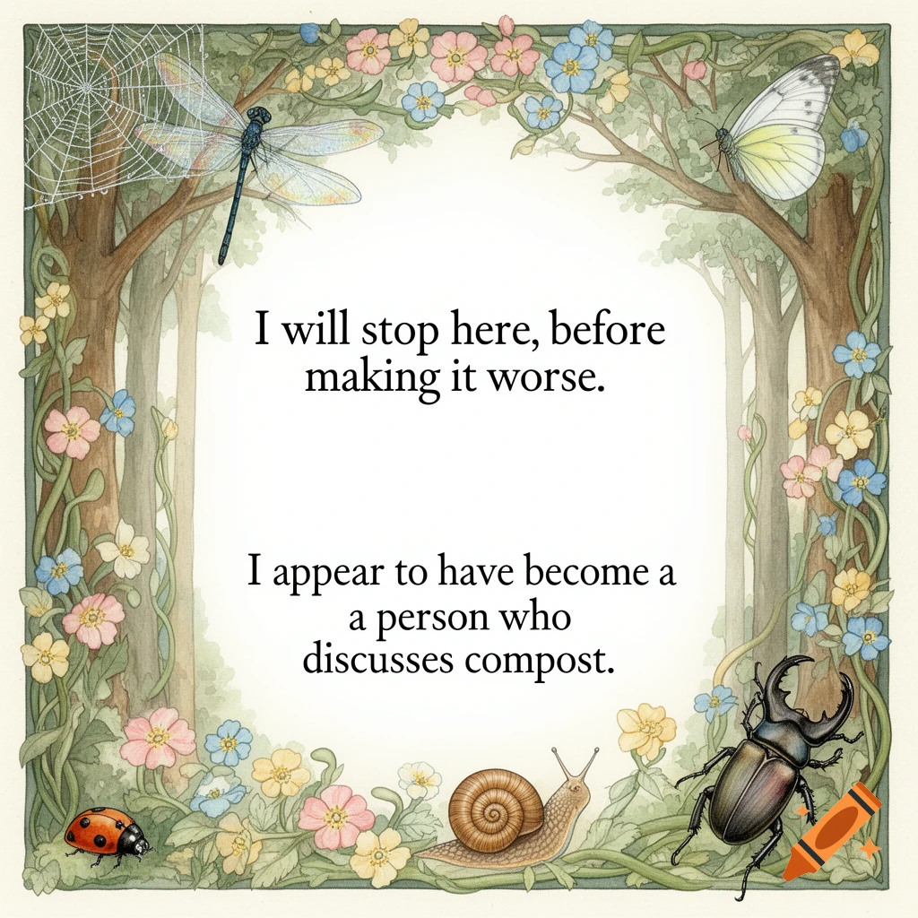 A watercolor illustration in Arts and Crafts style features a decorative border of trees, vines, and small pink, blue, and yellow flowers around white text. Insects, including a dragonfly, butterfly, ladybird, snail, and stag beetle, are integrated into the border.