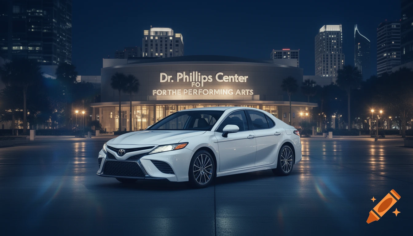 White 2023 Toyota Camry parked at night in front of the illuminated Dr. Phillips Center for the Performing Arts, reflecting city lights.