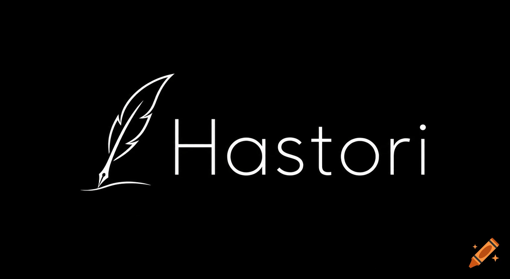 White minimalist logo of a quill pen and the word "Hastori" on a black background.