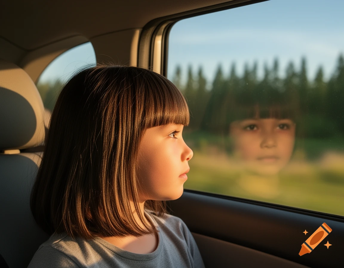 A young girl with bangs looks out a car window, her reflection visible, with blurred trees outside.