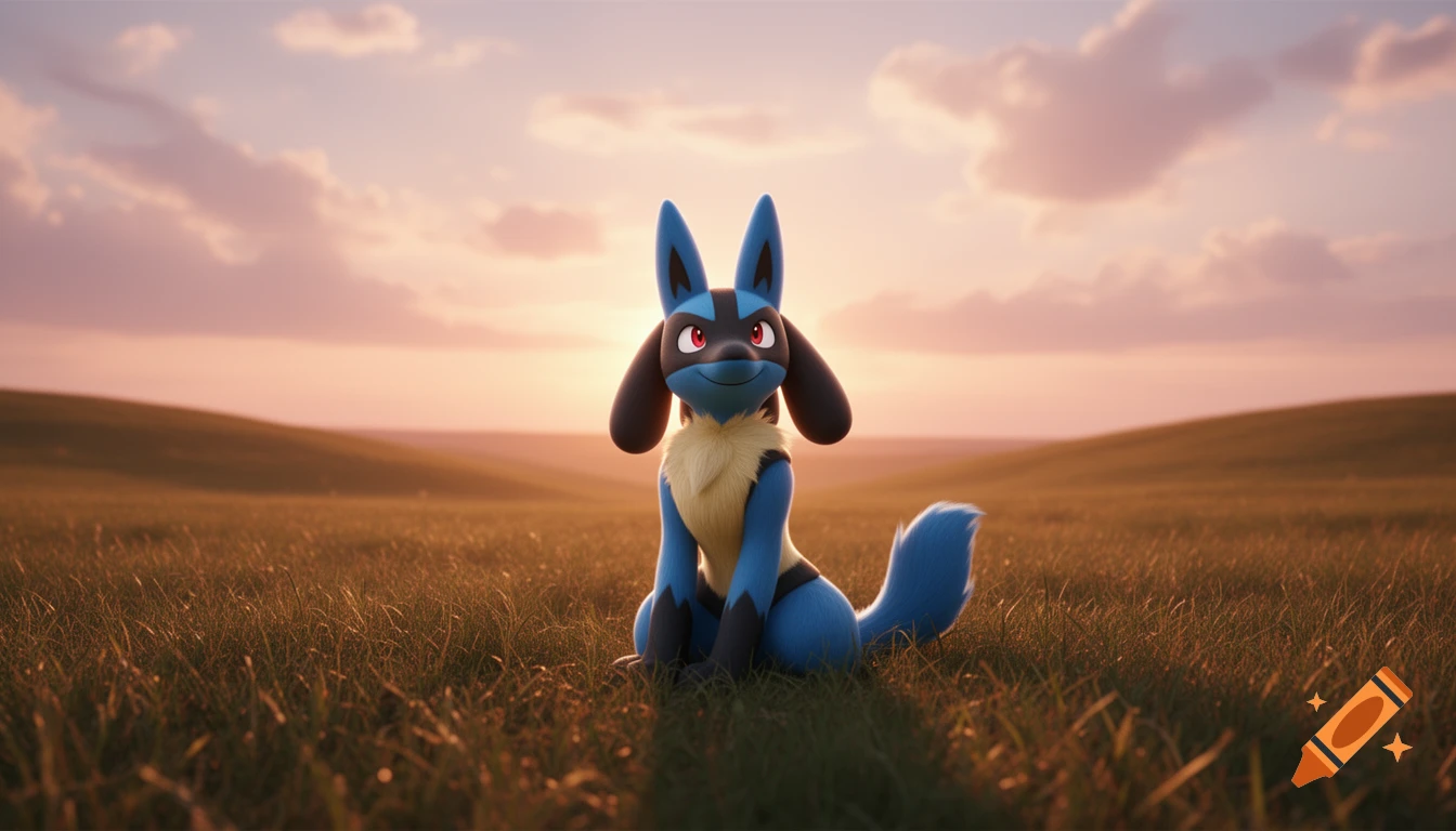Lucario is sitting in a peaceful grassy field under a sunset sky, looking forward with a kind smile.