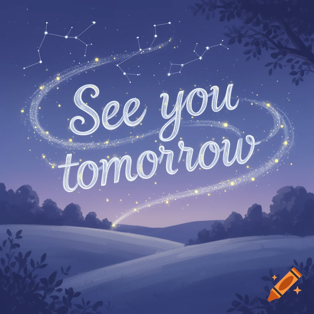 Whimsical illustration of a night landscape with hills, constellations, and glowing text "See you tomorrow" sparkling in the sky.