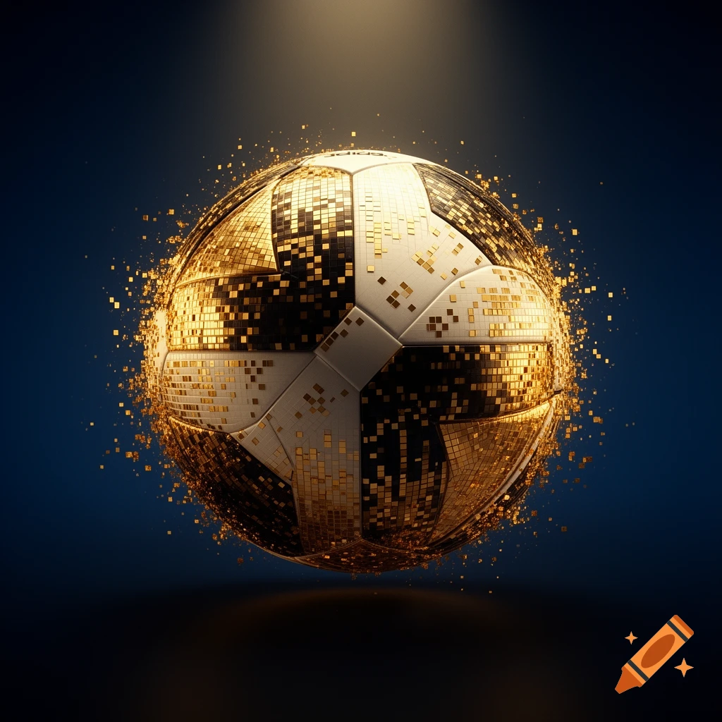 A gold pixelated soccer ball floats against a dark blue background with glittering gold particles radiating from it.