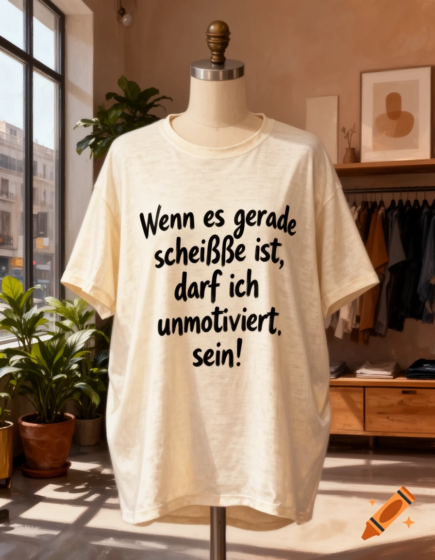 A cream-colored T-shirt on a mannequin with the German text "Wenn es gerade scheiße ist, darf ich unmotiviert, sein!" in a retail setting.