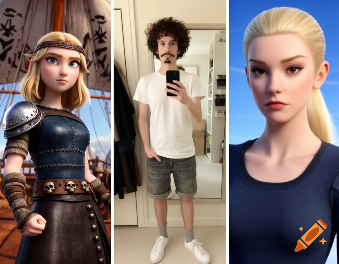 A three-panel collage featuring a 3D animated Viking woman, a man taking a mirror selfie, and a 3D animated superhero woman.