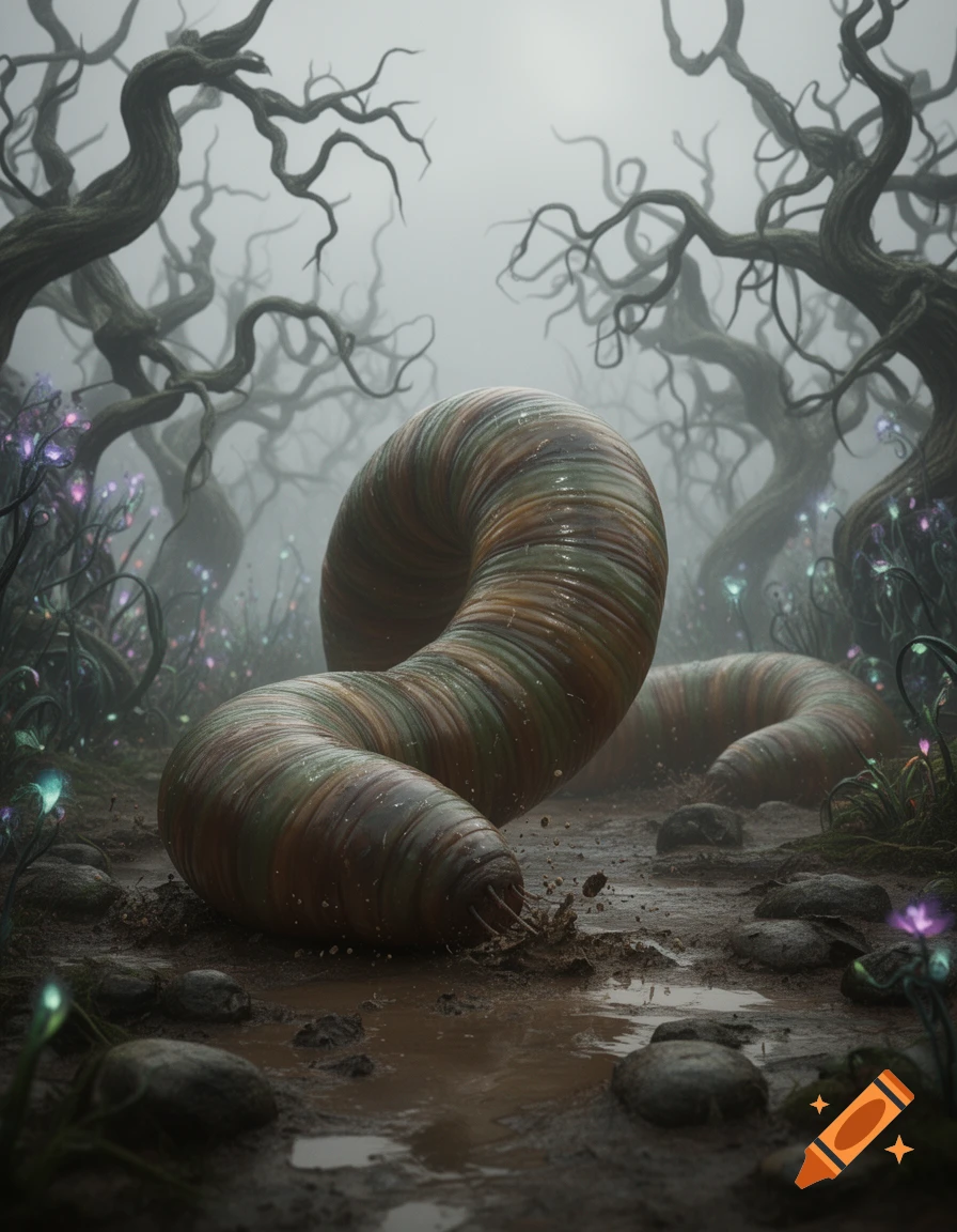 A giant, slimy, segmented worm slithers through a muddy, misty forest with gnarled trees and glowing plants.