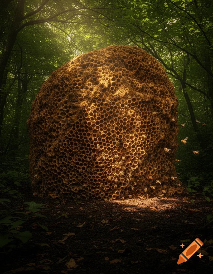 A colossal beehive densely packed with hexagonal cells and active bees, bathed in dappled sunlight, stands in a lush forest.