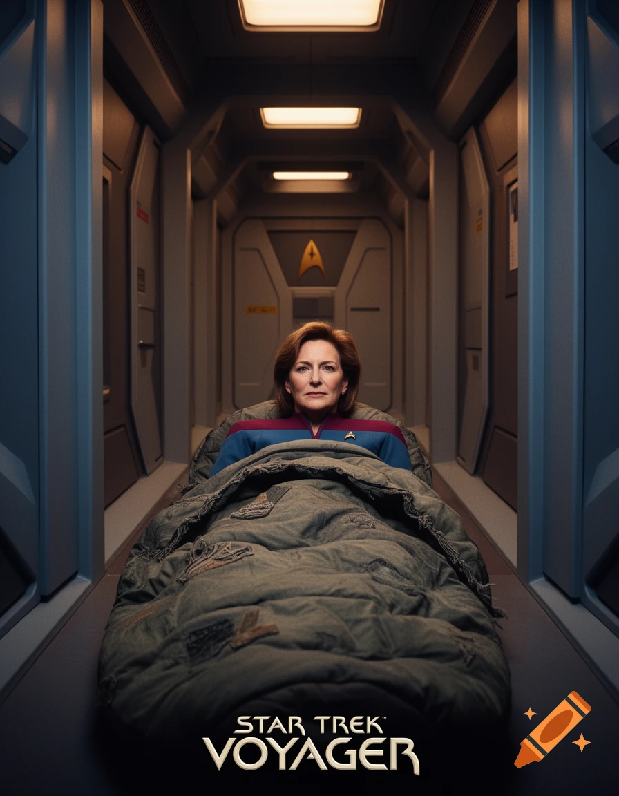 Captain Janeway in a sleeping bag in a spaceship hallway, with 'STAR TREK VOYAGER' logo below.