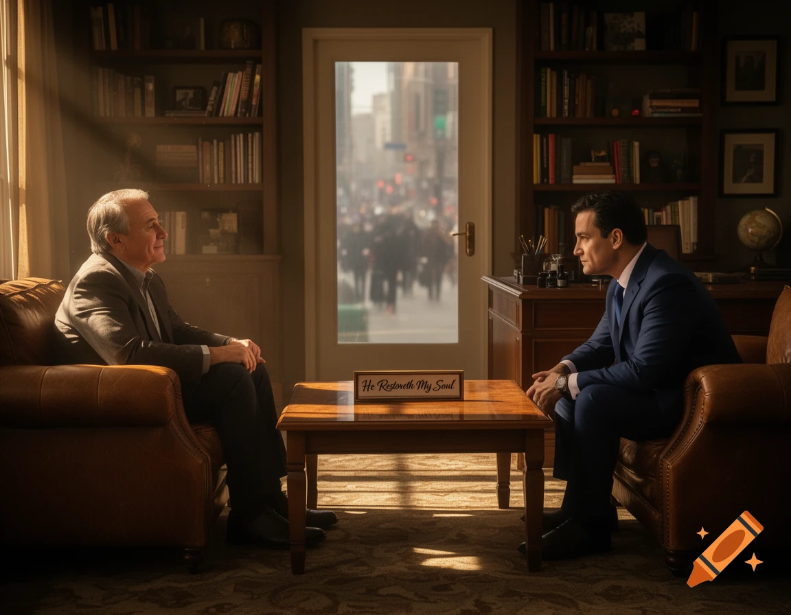 Two men sit facing each other in armchairs in a warmly lit study with bookshelves and a window looking onto a city street.