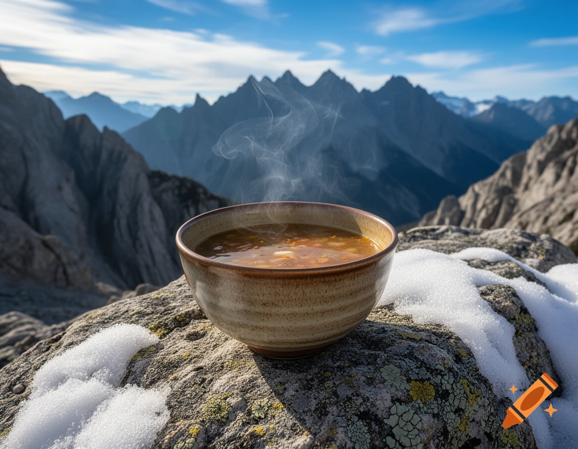 Steaming bowl of soup sits on a snow-dusted rock with majestic mountain peaks under a clear blue sky, photorealistic.