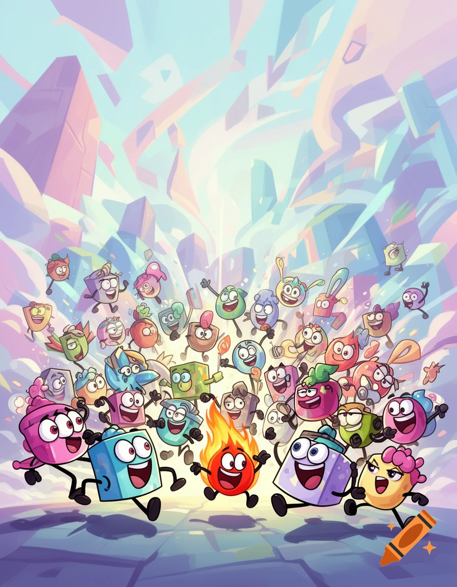 A vibrant cartoon illustration of numerous cheerful, anthropomorphic objects with faces and limbs running and cheering, with a fiery character at the center, against an abstract colorful background.