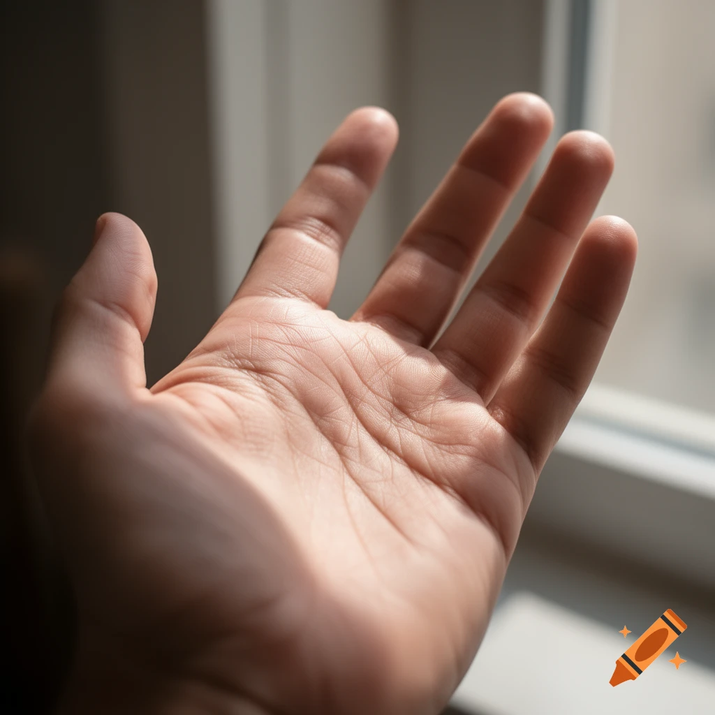A close-up, photorealistic shot of an open hand, palm facing up, with natural light falling across it from a window.