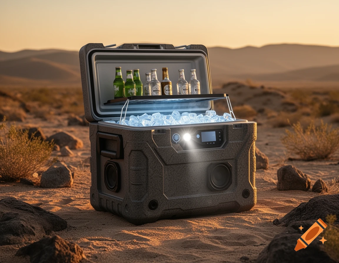 A rugged portable cooler, with its lid open revealing ice and bottles, sits in a desert landscape at sunset.