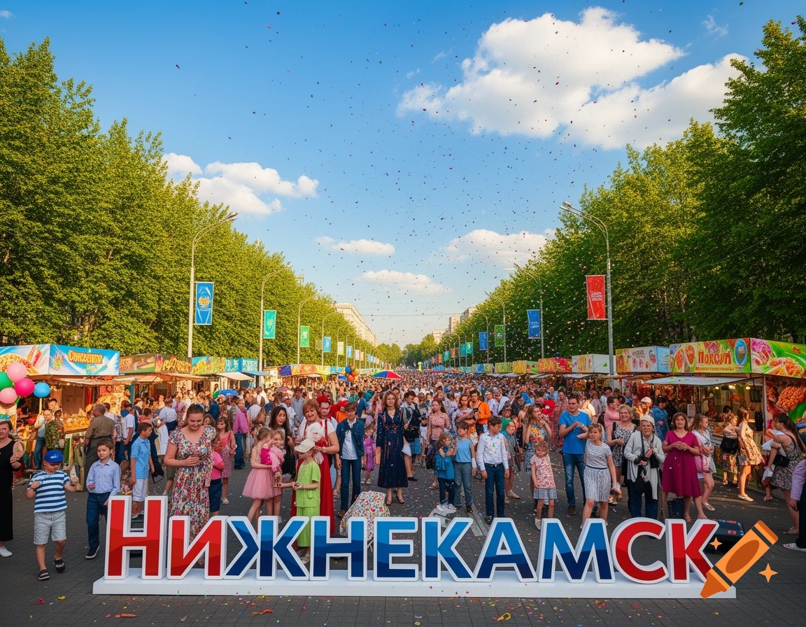 A large crowd celebrates an outdoor city festival with food stalls and confetti under a blue sky, with a prominent "NIZHNEKAMSK" sign in the foreground.